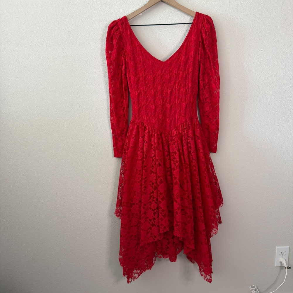 VINTAGE Womens Red Lace Asymetrical Dress Size S Coquette Fairy Whimsigoth